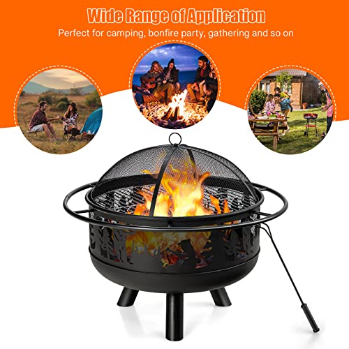 Tangkula Outdoor Wood Burning Fire Pit, 30 Inch Round Fire Pit Bowl w/Fire Poker, Grill & Spark Screen, 2-in-1 Powder-Coated Steel Firepit for Patio, Backyard, Barbecue, Bonfire (Black)