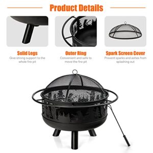 Tangkula Outdoor Wood Burning Fire Pit, 30 Inch Round Fire Pit Bowl w/Fire Poker, Grill & Spark Screen, 2-in-1 Powder-Coated Steel Firepit for Patio, Backyard, Barbecue, Bonfire (Black)