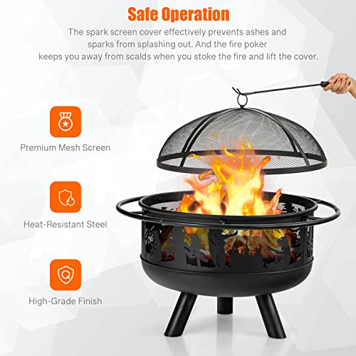 Tangkula Outdoor Wood Burning Fire Pit, 30 Inch Round Fire Pit Bowl w/Fire Poker, Grill & Spark Screen, 2-in-1 Powder-Coated Steel Firepit for Patio, Backyard, Barbecue, Bonfire (Black)