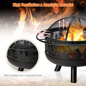 Tangkula Outdoor Wood Burning Fire Pit, 30 Inch Round Fire Pit Bowl w/Fire Poker, Grill & Spark Screen, 2-in-1 Powder-Coated Steel Firepit for Patio, Backyard, Barbecue, Bonfire (Black)