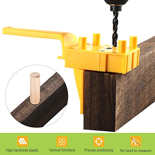 101 Pcs Handheld Woodworking Dowel Jig Kit Wood Dowel Drilling Guide Set for 1/4, 5/16, 3/8 Inch Drill Guide Metal Sleeve with Wood Dowel Pins Drill Bit Dowel Joints Drilling Guide Tools(Yellow)