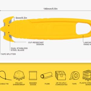 Safety Box Cutter, T TOVIA SK2 Stainless Steel Concealed Blade Package Opener with Tape Splitter for Cartons, Cardboard, Wrap, Straps, Film (10 Pieces - Yellow)