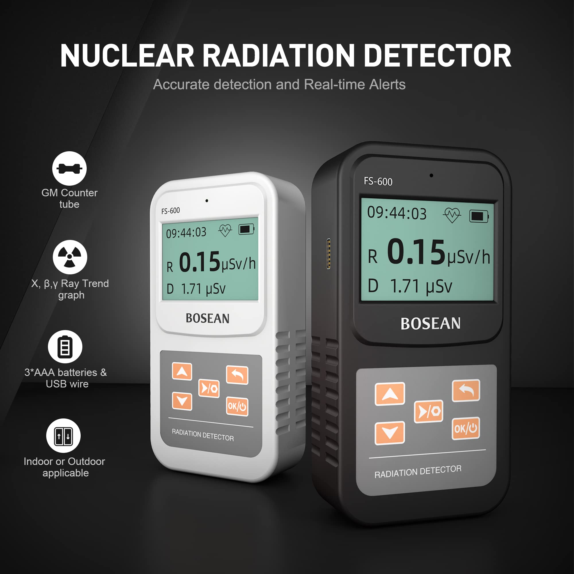 Geiger Counter Nuclear Radiation Detector Dosage Alarm Professional High Accuracy Radioactive Detector Meter Beta Gamma X Ray Data Tester Marble Dosimeter (Black)