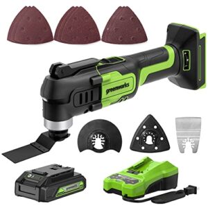 greenworks 24v cordless multi-tool, oscillating tool for cutting/nailing/scraping/sanding with 6 variable speed control, 2.0ah usb (power bank) battery, 2a charger and 13 accessories included