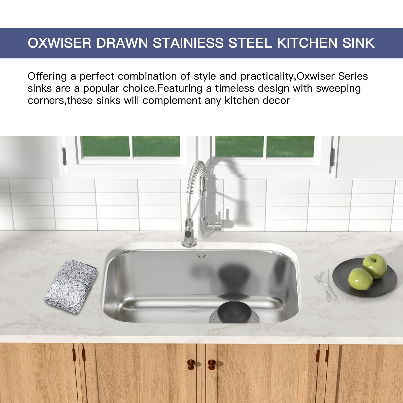 Kitchen Sinks, Oxwiser 30 inch Undermount Kitchen Sink, Single Bowl Kitchen Sink 16 Gauge Stainless Steel Sink, Fits 33" Cabinet