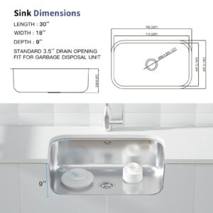Kitchen Sinks, Oxwiser 30 inch Undermount Kitchen Sink, Single Bowl Kitchen Sink 16 Gauge Stainless Steel Sink, Fits 33" Cabinet