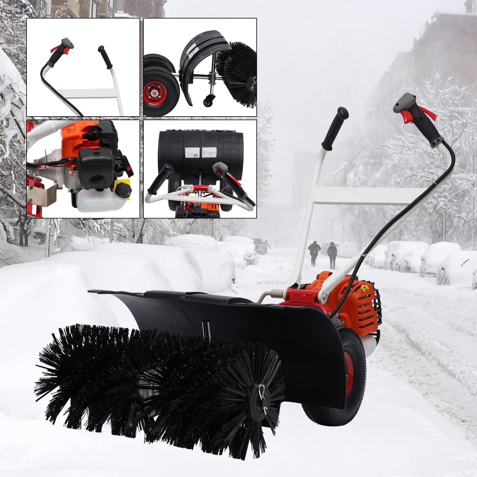 52cc Gasoline Power Sweeper 2.5HP Single Cylinder Snow Sweeper Machine with Wheels, 2 Stroke Handheld Sweeper Broom Foldable Cleaning Brush Machine for Artificial Turf, Sidewalk, Football Field