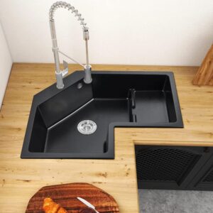 lovedima black drop in corner kitchen sink,32" single bowl quartz irregular sink