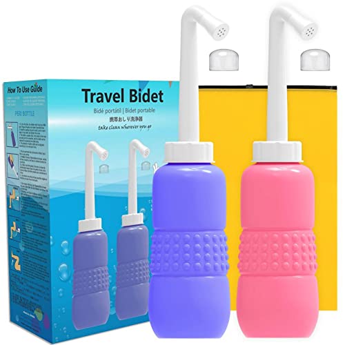 KKPOT Portable Travel Bidet Bottle 2 Pack - 450ml Peri Bottle for Postpartum Care,Handheld Portable Camping Bidet Bottle with Travel Bag for Women ,Men,Baby,Personal Hygiene (Blue+Pink)