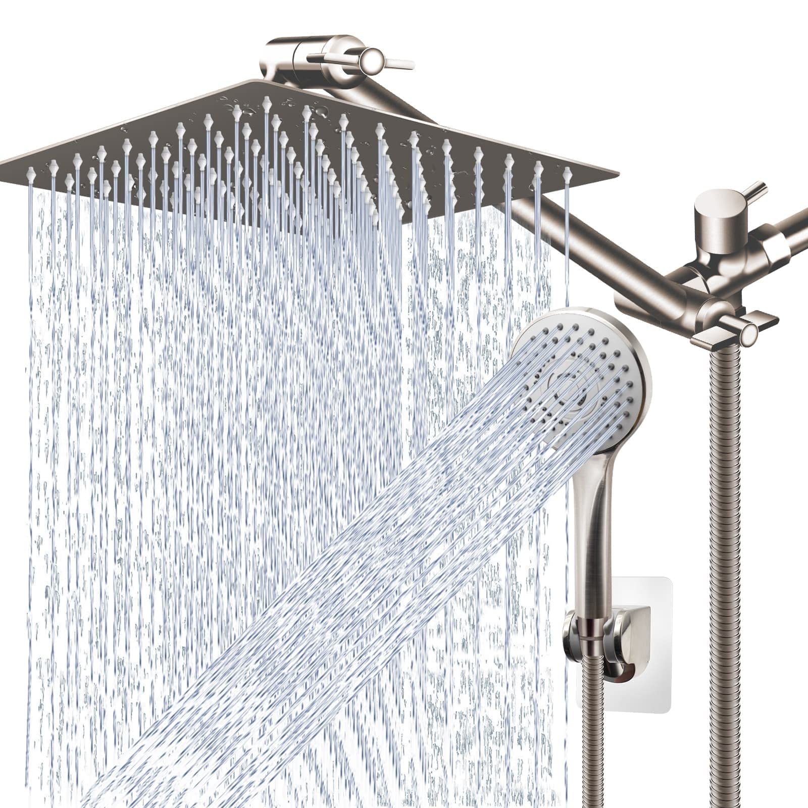 (Brushed Nickel),12'' High Pressure Rain Shower Head with 11'' Adjustable Extension Arm and 5 Settings Handheld Shower Head Combo,Powerful Shower Spray Against Low Pressure Water