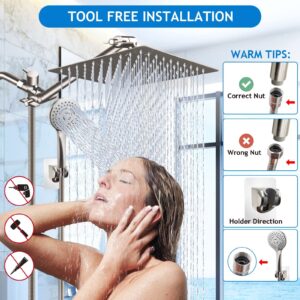 (Brushed Nickel),12'' High Pressure Rain Shower Head with 11'' Adjustable Extension Arm and 5 Settings Handheld Shower Head Combo,Powerful Shower Spray Against Low Pressure Water