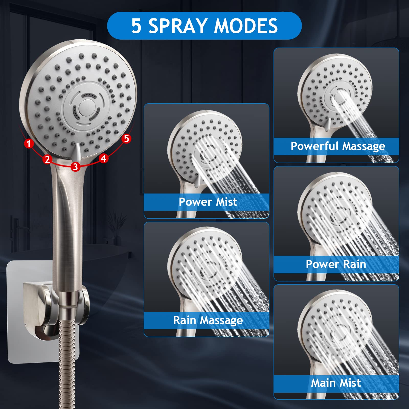 (Brushed Nickel),12'' High Pressure Rain Shower Head with 11'' Adjustable Extension Arm and 5 Settings Handheld Shower Head Combo,Powerful Shower Spray Against Low Pressure Water