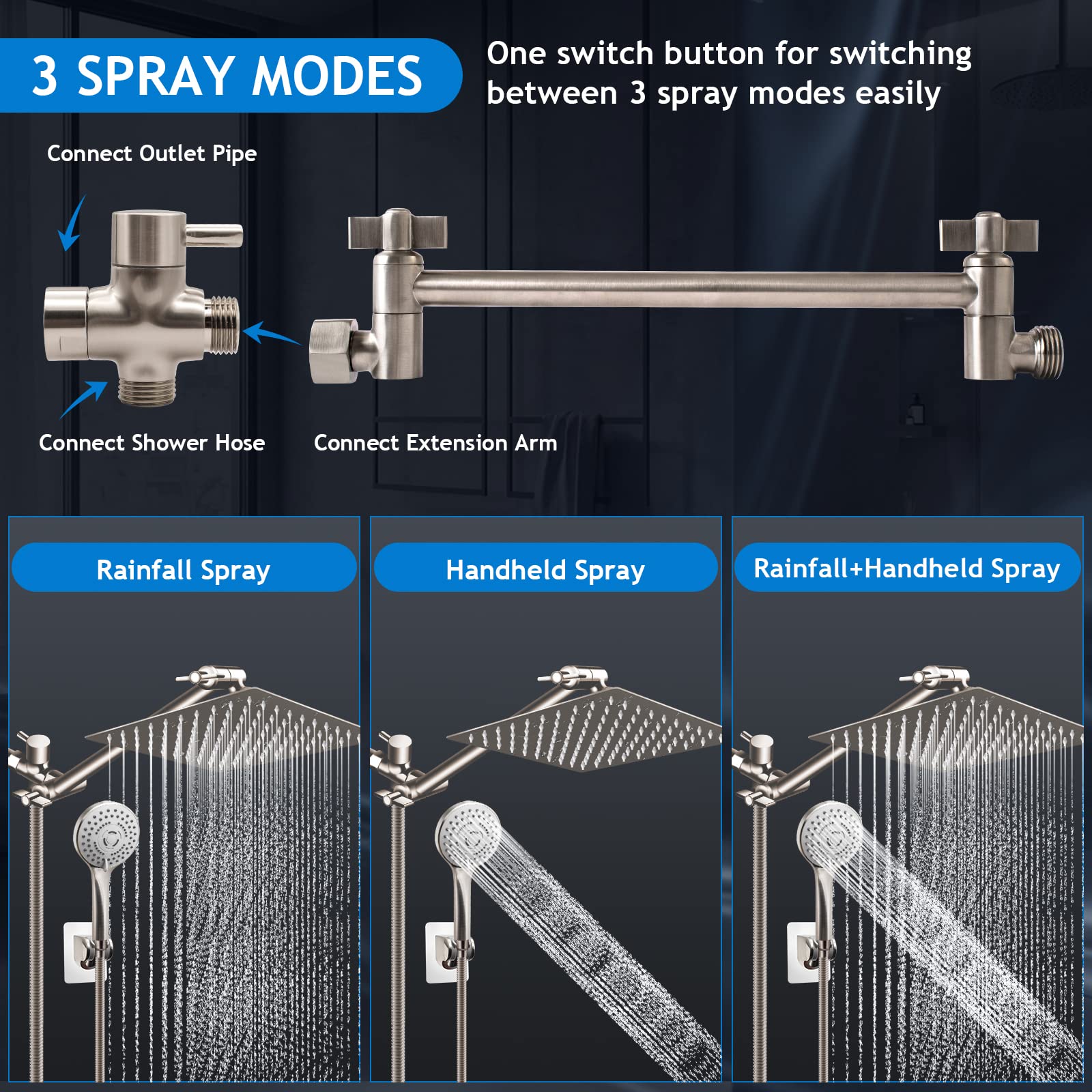 (Brushed Nickel),12'' High Pressure Rain Shower Head with 11'' Adjustable Extension Arm and 5 Settings Handheld Shower Head Combo,Powerful Shower Spray Against Low Pressure Water