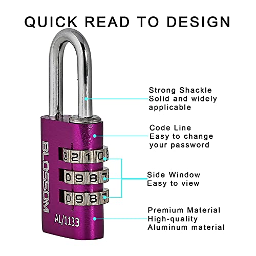 Solid Aluminum Password Lock with Excellent Quality, Combination Padlock, Keyless Hardened Shackle Lock with Resettable 3 Digit for Outdoor, Backpacks, Baggage, Suitcases (Purple)