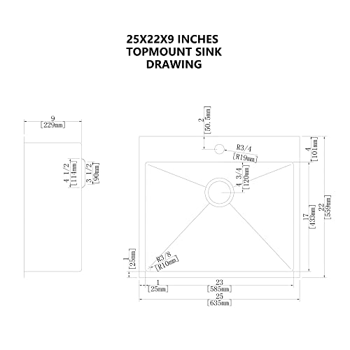 WHISTLER 25x22 inch Handmade Topmount Sink Drop-In 16 Gauge Stainless Steel Single Bowl Kitchen Sinks with 2 Holes for Faucet & Soap Dispenser, Basket Strainer,Bottom Grid and Kitchen Towel