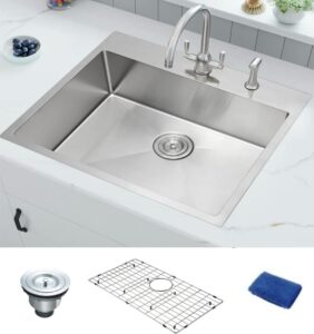 whistler 25x22 inch handmade topmount sink drop-in 16 gauge stainless steel single bowl kitchen sinks with 2 holes for faucet & soap dispenser, basket strainer,bottom grid and kitchen towel