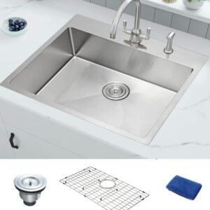 WHISTLER 25x22 inch Handmade Topmount Sink Drop-In 16 Gauge Stainless Steel Single Bowl Kitchen Sinks with 2 Holes for Faucet & Soap Dispenser, Basket Strainer,Bottom Grid and Kitchen Towel