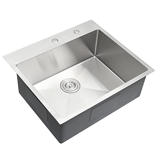 WHISTLER 25x22 inch Handmade Topmount Sink Drop-In 16 Gauge Stainless Steel Single Bowl Kitchen Sinks with 2 Holes for Faucet & Soap Dispenser, Basket Strainer,Bottom Grid and Kitchen Towel