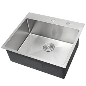 WHISTLER 25x22 inch Handmade Topmount Sink Drop-In 16 Gauge Stainless Steel Single Bowl Kitchen Sinks with 2 Holes for Faucet & Soap Dispenser, Basket Strainer,Bottom Grid and Kitchen Towel