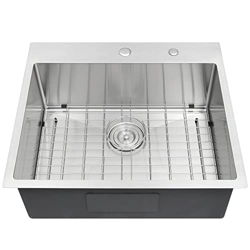 WHISTLER 25x22 inch Handmade Topmount Sink Drop-In 16 Gauge Stainless Steel Single Bowl Kitchen Sinks with 2 Holes for Faucet & Soap Dispenser, Basket Strainer,Bottom Grid and Kitchen Towel