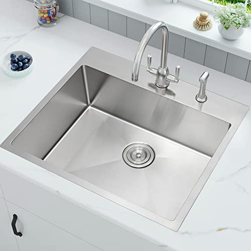 WHISTLER 25x22 inch Handmade Topmount Sink Drop-In 16 Gauge Stainless Steel Single Bowl Kitchen Sinks with 2 Holes for Faucet & Soap Dispenser, Basket Strainer,Bottom Grid and Kitchen Towel