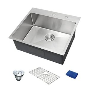 WHISTLER 25x22 inch Handmade Topmount Sink Drop-In 16 Gauge Stainless Steel Single Bowl Kitchen Sinks with 2 Holes for Faucet & Soap Dispenser, Basket Strainer,Bottom Grid and Kitchen Towel