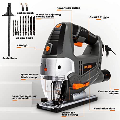 KSEIBI 714011 Jig Saw Corded Electric Machine Tool 6.5A, with Laser & LED, 6 Variable Speed, 9 Tool-Free Blades, ±45° Bevel and Straight Cutting, 4 Orbital Settings and, 8 Feet Cord - KST 110V