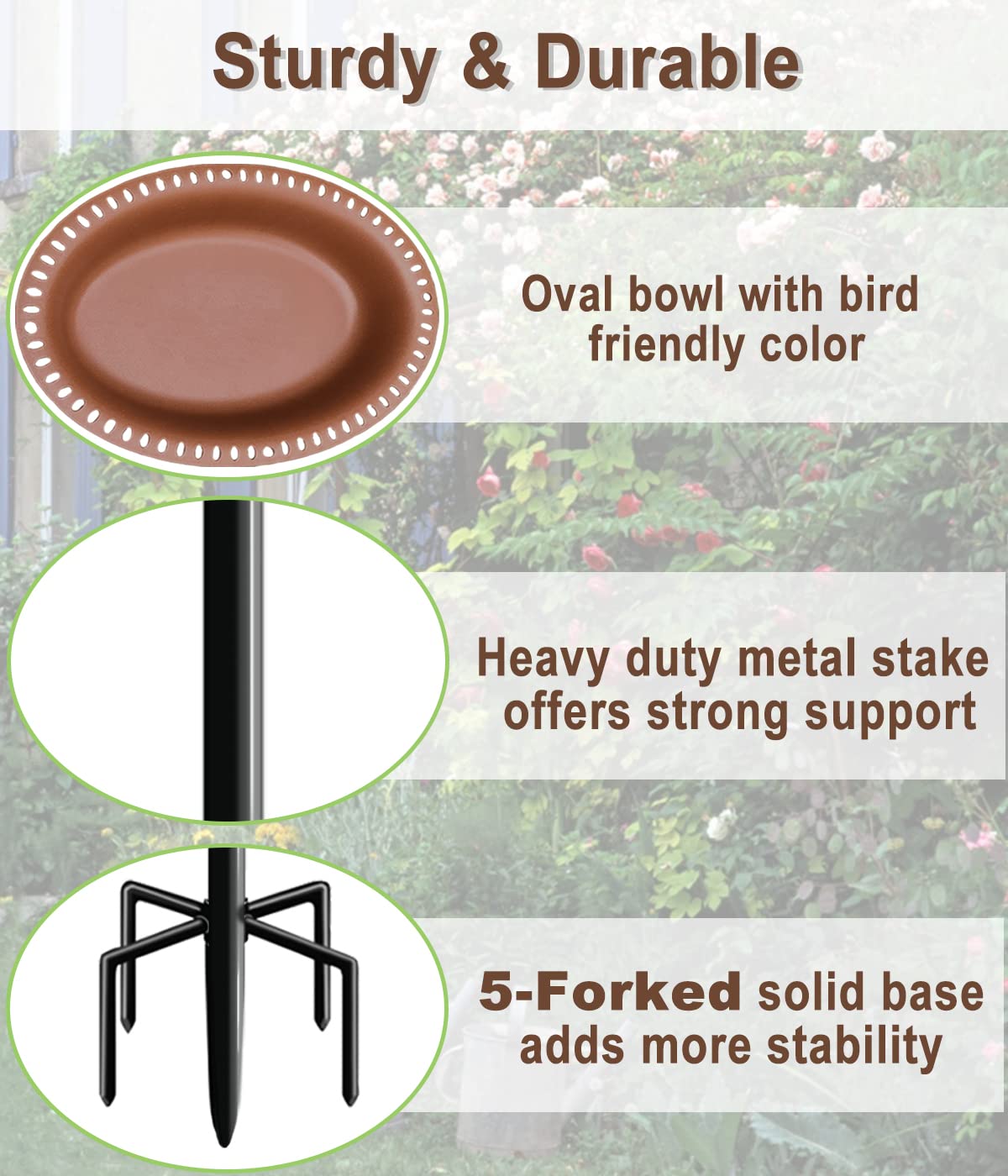 Garbuildman Upgraded 5-Prong Base Bird Bath with Metal Stake, Detachable Decoration Bowl Spa & Freestanding Birdfeeder for Outdoor Garden, Oval Style, Brown