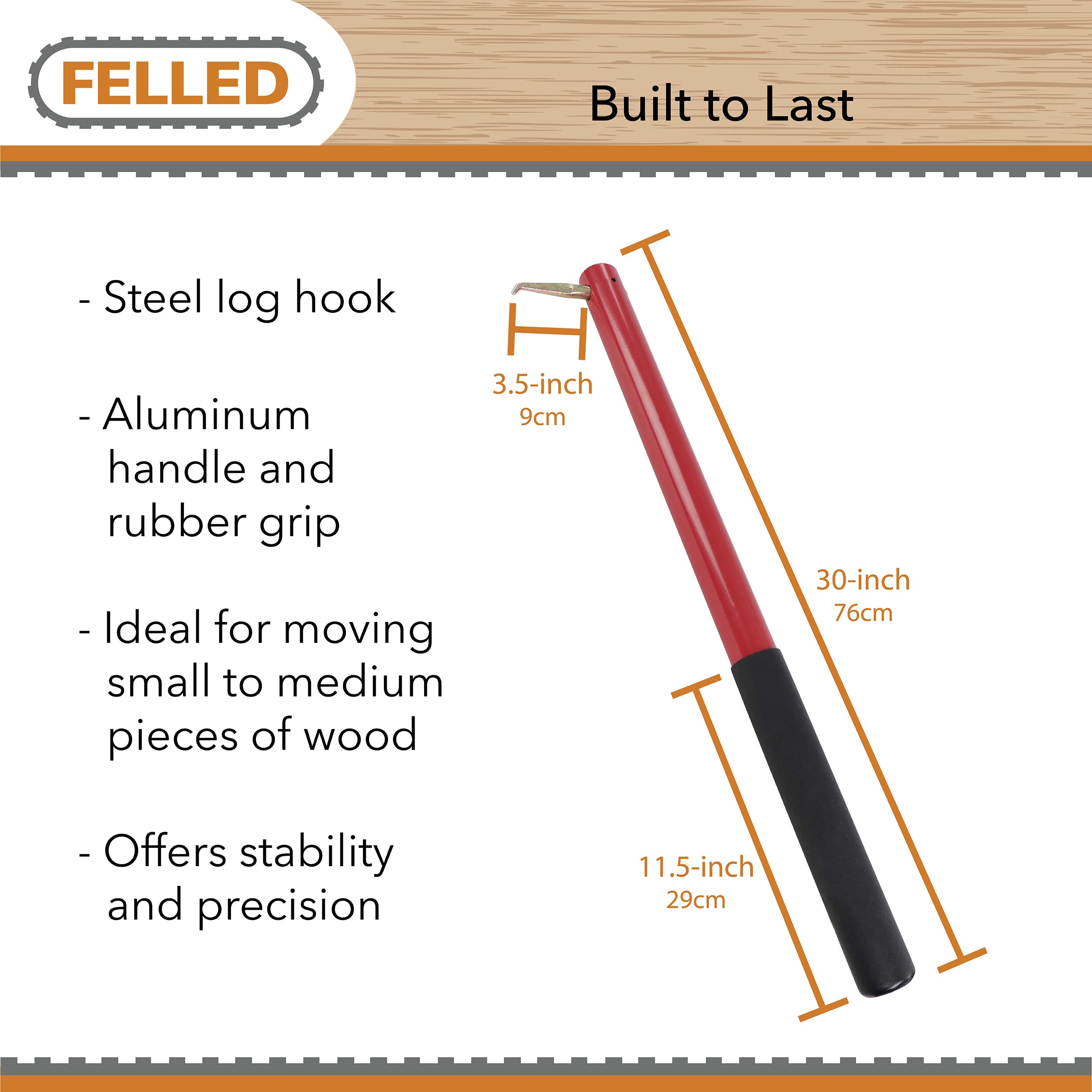 Felled Hookaroon Tool - 30in Log Roller Lifter with Aluminum Handle for Moving Firewood or Pulling Slabs Off The Sawmill