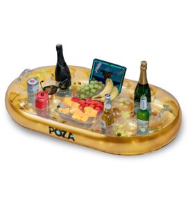poza inflatable gold floating cooler - luxurious drink holder filled with sparkly confetti, premium party float with 8 holders, serving bar for beach, lake, hot tub, jacuzzi and pool - 39x23 inches