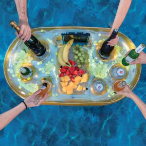 POZA Inflatable Gold Floating Cooler - Luxurious Drink Holder Filled with Sparkly Confetti, Premium Party Float with 8 Holders, Serving Bar for Beach, Lake, Hot Tub, Jacuzzi and Pool - 39x23 Inches