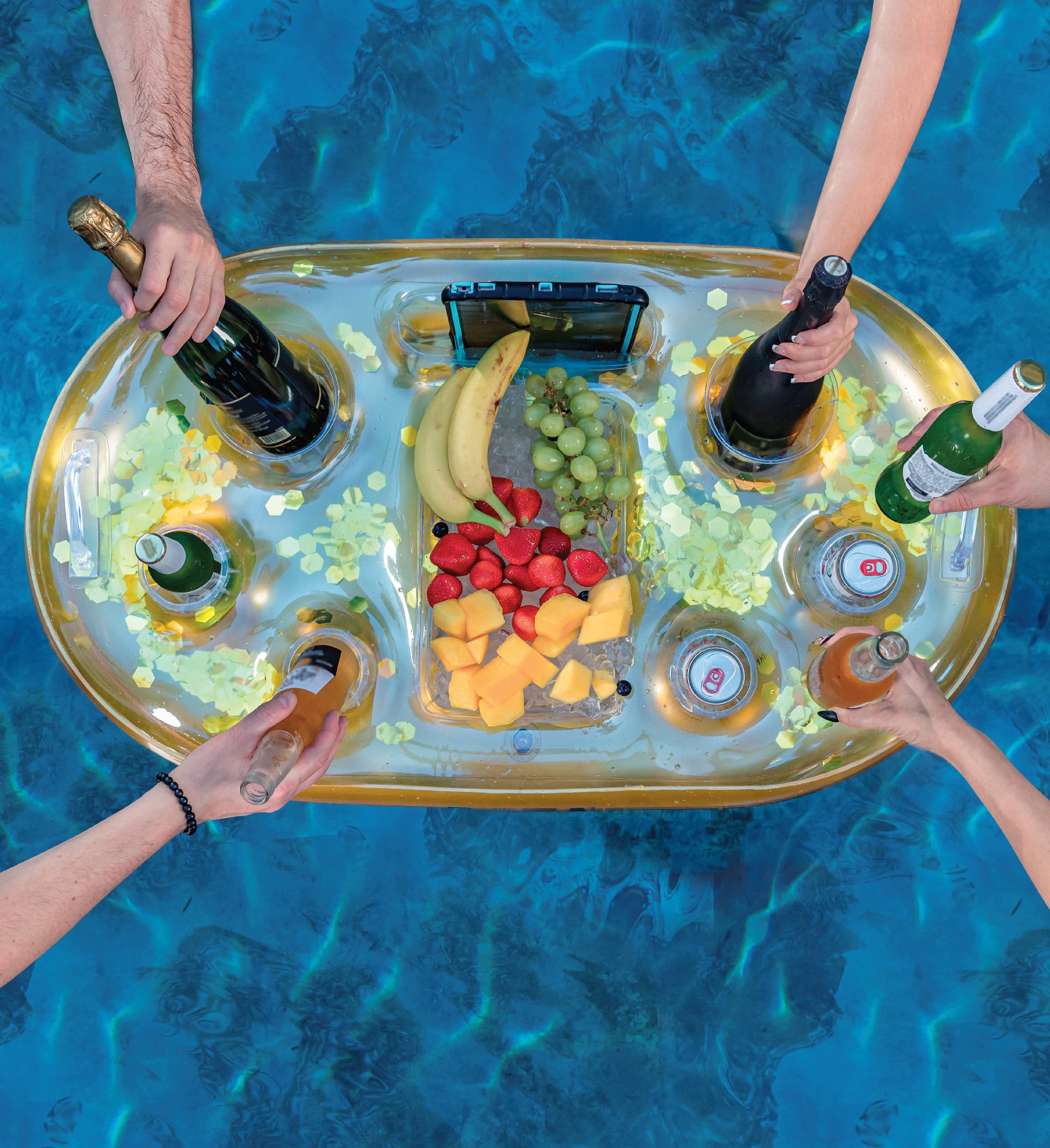 POZA Inflatable Gold Floating Cooler - Luxurious Drink Holder Filled with Sparkly Confetti, Premium Party Float with 8 Holders, Serving Bar for Beach, Lake, Hot Tub, Jacuzzi and Pool - 39x23 Inches