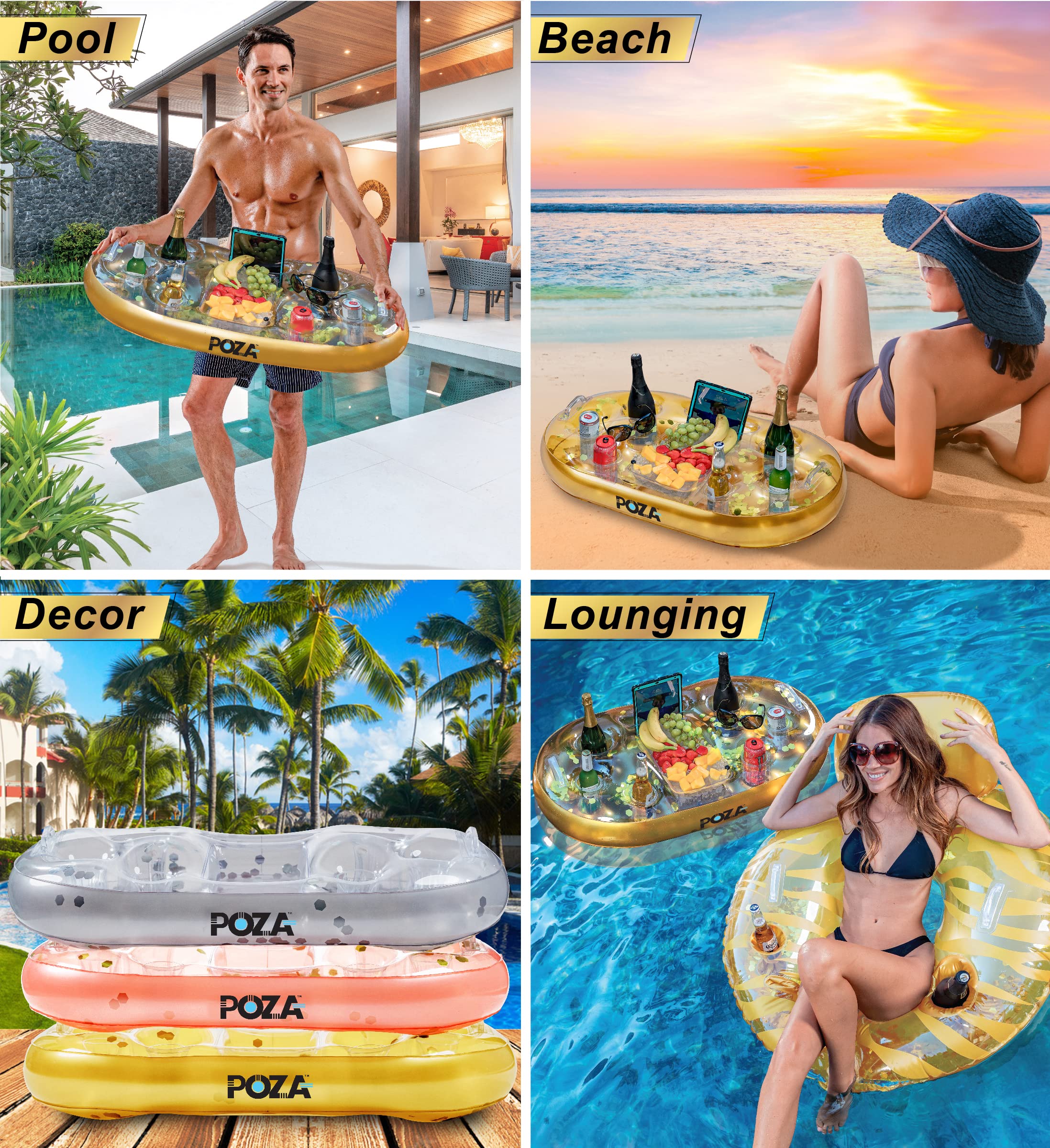 POZA Inflatable Gold Floating Cooler - Luxurious Drink Holder Filled with Sparkly Confetti, Premium Party Float with 8 Holders, Serving Bar for Beach, Lake, Hot Tub, Jacuzzi and Pool - 39x23 Inches