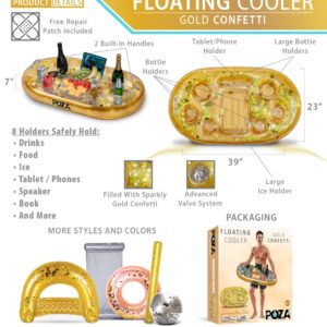 POZA Inflatable Gold Floating Cooler - Luxurious Drink Holder Filled with Sparkly Confetti, Premium Party Float with 8 Holders, Serving Bar for Beach, Lake, Hot Tub, Jacuzzi and Pool - 39x23 Inches