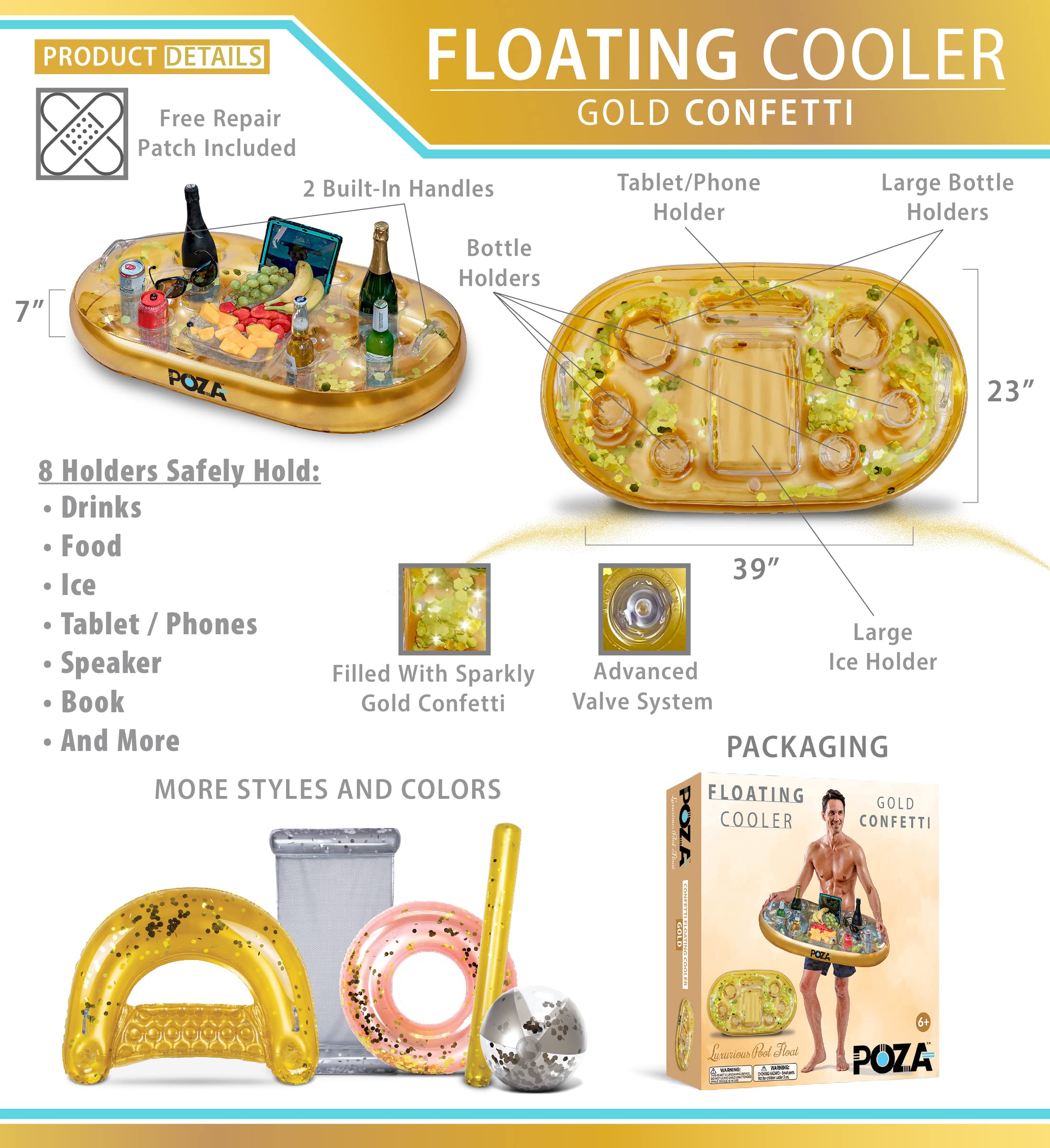 POZA Inflatable Gold Floating Cooler - Luxurious Drink Holder Filled with Sparkly Confetti, Premium Party Float with 8 Holders, Serving Bar for Beach, Lake, Hot Tub, Jacuzzi and Pool - 39x23 Inches