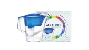 new wave enviro alkaline plus water filter pitcher with lead removal, bpa free fridge friendly design, 64 gallon filter life, 3.5 liter capacity with integrated handle, blue