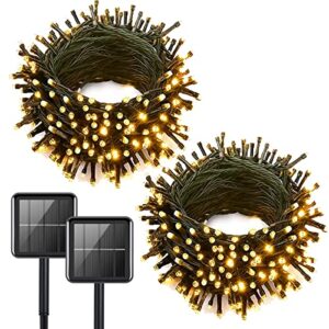 2 pack solar string lights outdoor waterproof, total 144 ft 440 led, green wire fairy twinkle decorative light with 8 lighting modes for tree patio yard party(warm white)