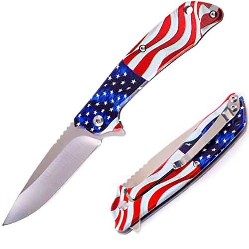 DIAMOON American Flag Print Stainless Steel Handle Frame Lock Deputy EDC Gift Tools Folding Pocket Knife