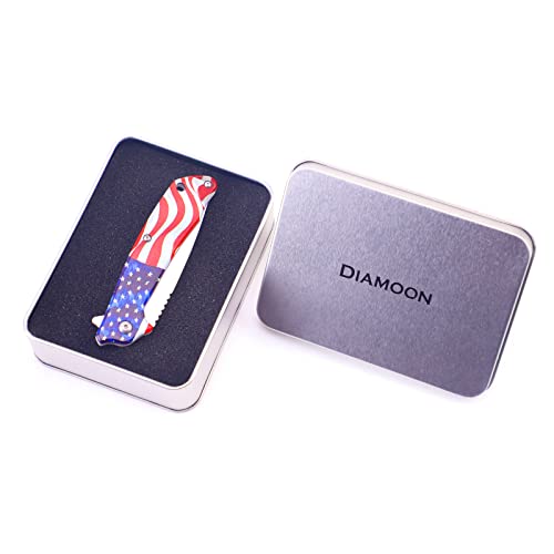 DIAMOON American Flag Print Stainless Steel Handle Frame Lock Deputy EDC Gift Tools Folding Pocket Knife