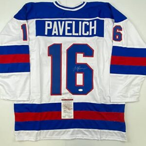 autographed/signed mark pavelich white team usa miracle on ice 1980 olympics hockey jersey jsa coa