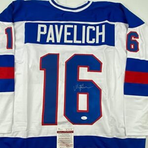 Autographed/Signed Mark Pavelich White Team USA Miracle On Ice 1980 Olympics Hockey Jersey JSA COA