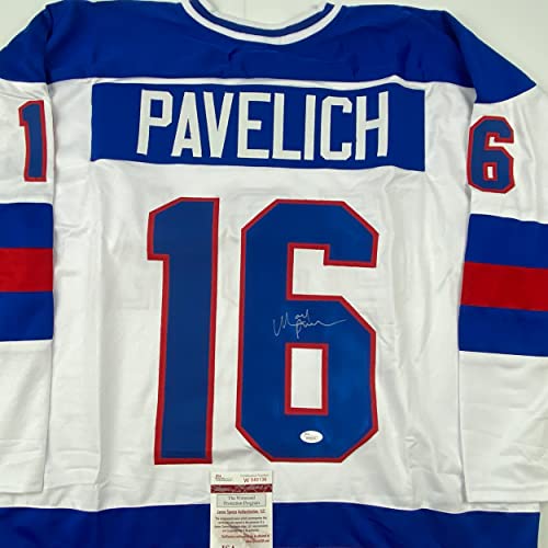 Autographed/Signed Mark Pavelich White Team USA Miracle On Ice 1980 Olympics Hockey Jersey JSA COA