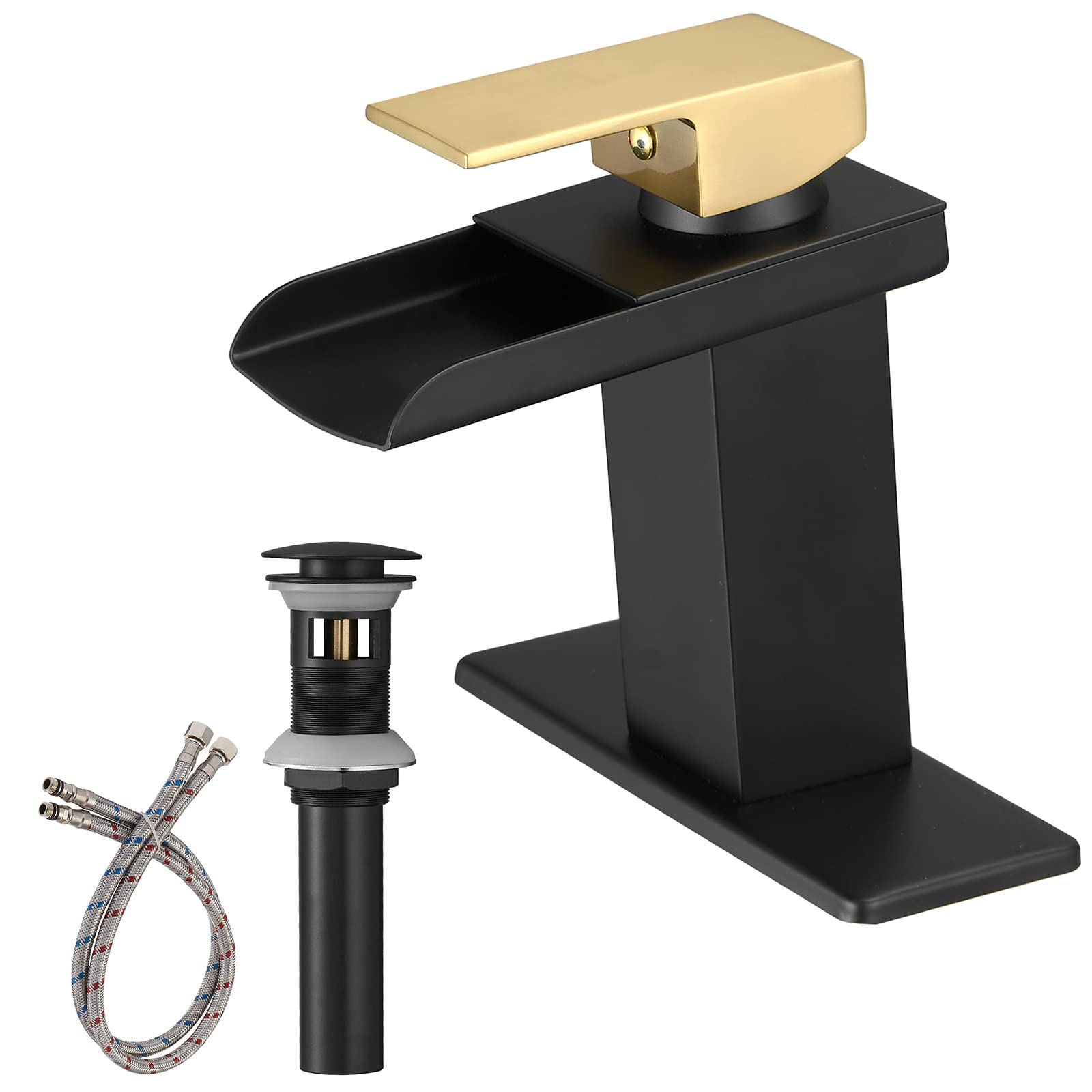 BATHLAVISH Black and Gold Bathroom Sink Faucet Waterfall Modern Single Hole Single Handle Lavatory Vanity Sink with Pop Up Drain with Overflow