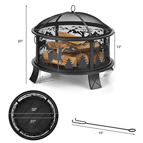Giantex Wood Burning Fire Pit, 26 Inch Outdoor Firepit for Backyard, Garden and Patio Bonfires with Spark Screen, Poker and Built-in Wood Grate, Handy Handles, Portable Round Fire Pit