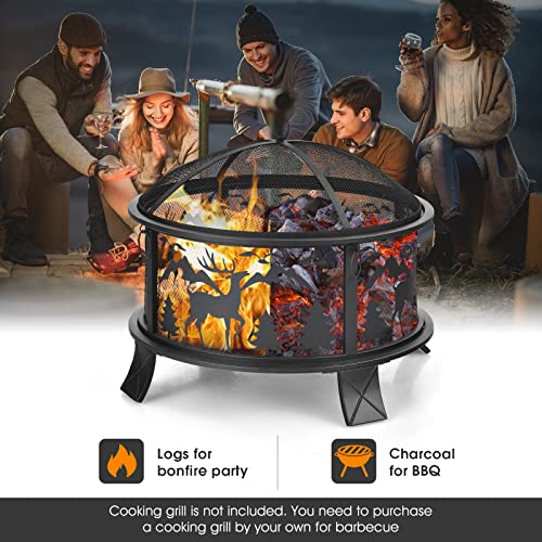 Giantex Wood Burning Fire Pit, 26 Inch Outdoor Firepit for Backyard, Garden and Patio Bonfires with Spark Screen, Poker and Built-in Wood Grate, Handy Handles, Portable Round Fire Pit