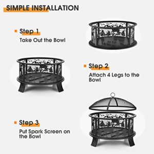 Giantex Wood Burning Fire Pit, 26 Inch Outdoor Firepit for Backyard, Garden and Patio Bonfires with Spark Screen, Poker and Built-in Wood Grate, Handy Handles, Portable Round Fire Pit