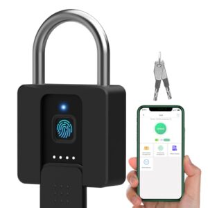 fingerprint padlock with key backup, dhiedas pad lock with fingerprint bluetooth key waterproof heavy duty combination lock for outdoor fence gate shed warehouse gym storage yard