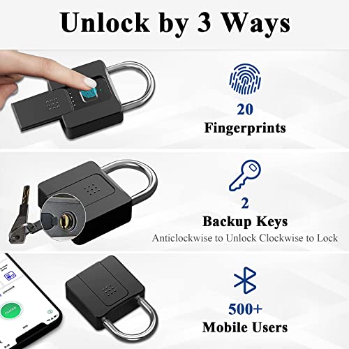 Fingerprint Padlock with Key Backup, Dhiedas Pad Lock with Fingerprint Bluetooth Key Waterproof Heavy Duty Combination Lock for Outdoor Fence Gate Shed Warehouse Gym Storage Yard