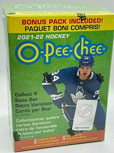 2021-22 NHL O-Pee-Chee OPC Hockey Factory Sealed Blaster Box 72 Cards made by Upper Deck 9 Packs of 8 Cards per Pack. Look for Rookie Cards from an amazing rookie class such as Trevor Zegras, Jeremy Swayman, Cole Caufield, Spencer Knight, Alex Newhook, Qu