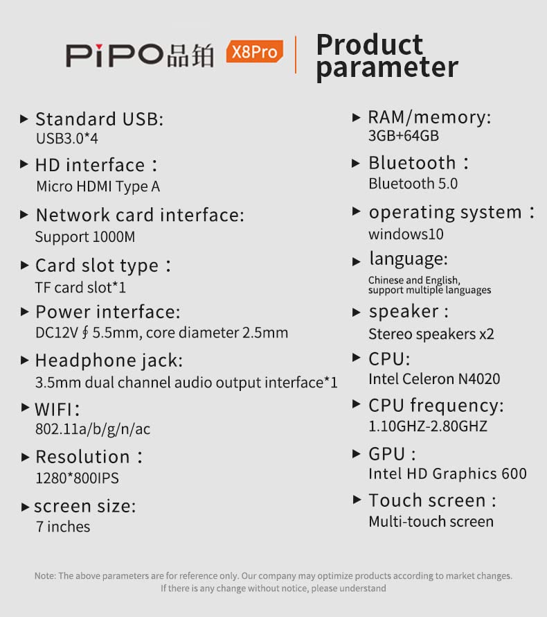 Pipo PiPO X8 PRO Mini PC Tablet Computer Windows 10 OS 64 Bits 3G RAM 64G ROM Dual Core Mini Computer N4020